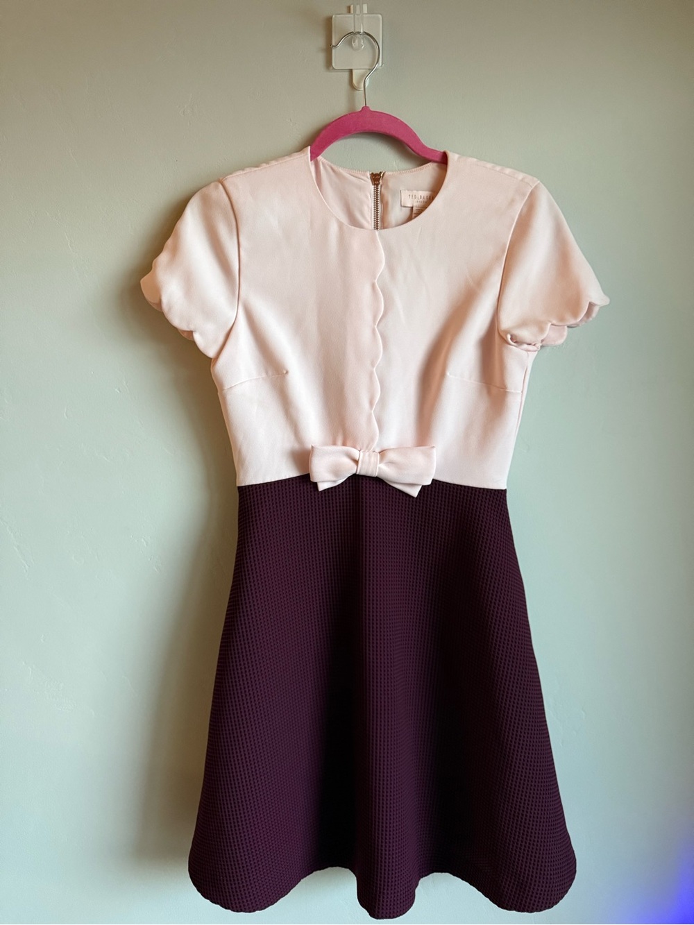 Ted Baker Blush and Burgundy Scallop A-line dress with Bow detail